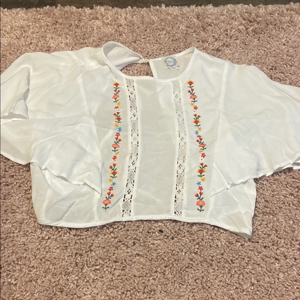 White Embroidered Lace Trim Top
